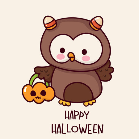 Halloween owl and pumpkin candy Cute animal cartoon character(Kawaii vector). Trick or treat kids. Perfect make a wish for background, card, pattern, nursery wall and shirt design.のイラスト素材