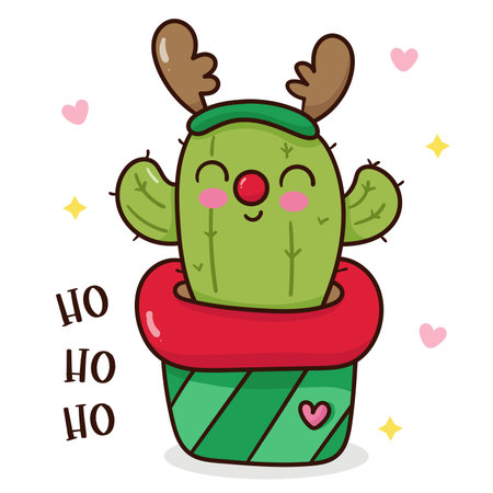 Christmas cactus santa claus reindeer cartoon kawaii vector winter season. X mas card (happy new year kids) fairy tale book. Perfect make a wish for celebration party children.のイラスト素材