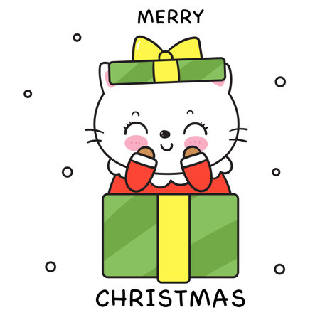 Cute Cat santa cartoon with Christmas gift (happy new year kids) animal kawaii kitten vector for fairy tale book.のイラスト素材