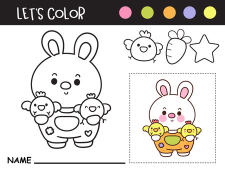 Easter coloring pages. Cute bunny rabbit holding chicken (Kids worksheet). Kawaii animals egg hunting (Character cartoon). Spring activities holiday. Perfect for education.のイラスト素材