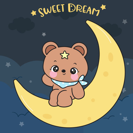 Cute teddy bear on moon with magic star sweet dream fairy tales. Series: Good night kiss bedtime story Kawaii animals sleeping funny (Character cartoon). For baby t shirt.のイラスト素材