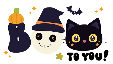 Boo Letter with Cute ghost clipart cat and pumpkin Groovy Halloween flower. Series: Retro cartoon kawaii drawing (trick or treaters) Kids party. Perfect make a wish for background.のイラスト素材