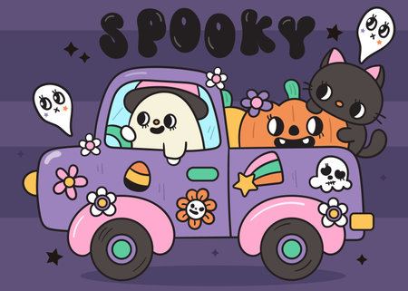 Cute ghost clipart Groovy Halloween car with flower skull and pumpkin. Series: Retro cartoon kawaii drawing (trick or treaters) Kids party. Perfect make a wish for background.のイラスト素材