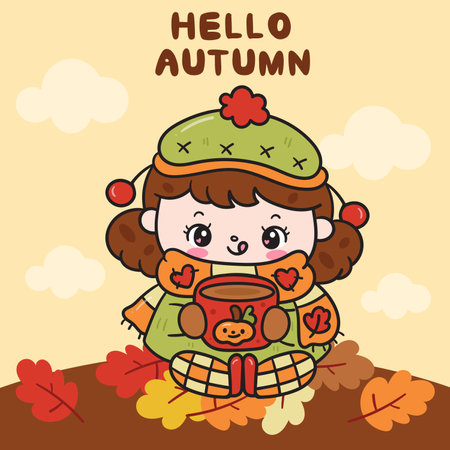 Autumn girl fall season with coffee cozy nature (cute kid). Kawaii drawing November (harvest festival) character adorable child. Perfect makes a wish for background and shirt.のイラスト素材