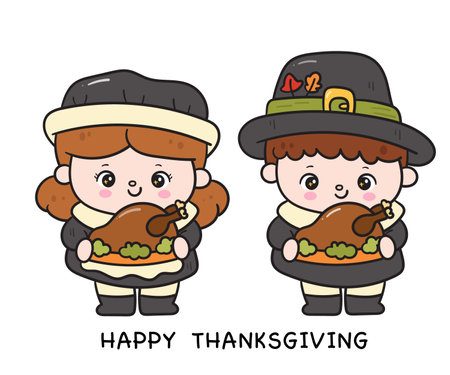 Thanksgiving kids Pilgrim boy and girl with roast chicken cute character vector. Series: Kawaii cartoon Harvest festival. Season Autumn baby fall decorations. Perfect makes a wishのイラスト素材