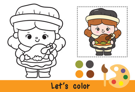 Coloring thanksgiving Pilgrim girl with roast chicken outline cute vector. Series: Activity pages for kids Kawaii cartoon Harvest festival. Season Autumn baby fall child. Perfectのイラスト素材