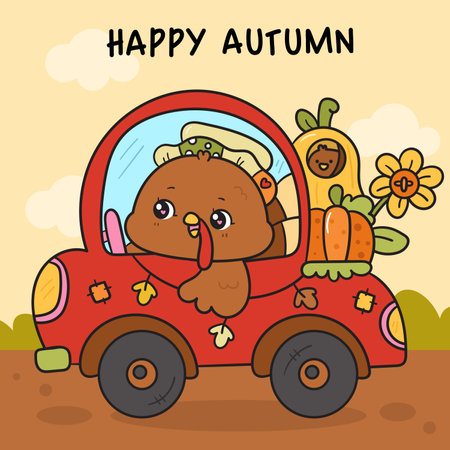 Cute thanksgiving turkey drive car delivery pumpkin greeting card vector. Series: Kawaii animal (Bird cartoon) Harvest festival. Season Autumn baby fall kids.のイラスト素材