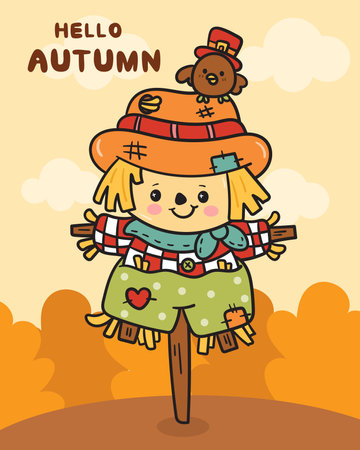 Happy Autumn fall season scarecrow with little bird (cute kid farm character). Kawaii drawing November (harvest festival) adorable child. Perfect makes a wish for background.のイラスト素材