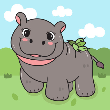 Baby Pygmy hippo hippopotamus zoo cartoon happy emotion in forest background. Series kawaii animals wildlife jungle drawing.  Perfect makes a wish for background and shirt design.のイラスト素材