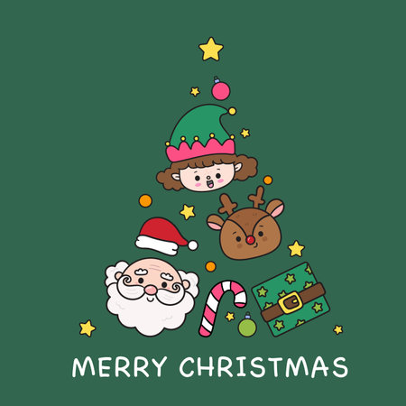 Cute christmas tree with whimsical characters reindeer elf girl santa gift. Happy new year greeting card. Holiday cartoon xmas kids winter season. Flat illustration for clipart.のイラスト素材