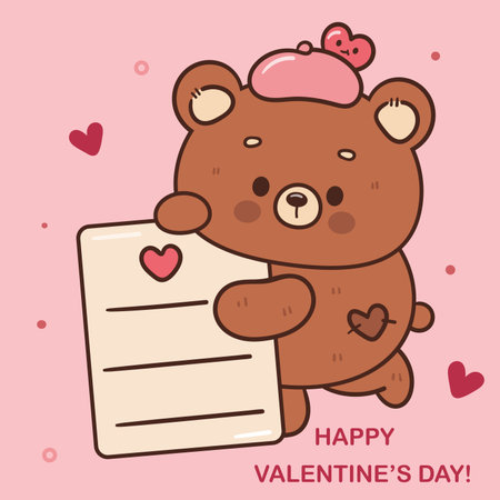Teddy bear card valentine animals with love note (Cute cartoon). Series: kawaii sticker whimsical characters. Perfect for romantic wedding vector Flat clipart banner t shirt designのイラスト素材