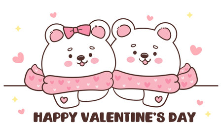 Couple Polar bear card valentine animals happiness winter season (Cute cartoon). Series: kawaii sticker whimsical characters. Perfect for romantic wedding vector Flat clipartのイラスト素材