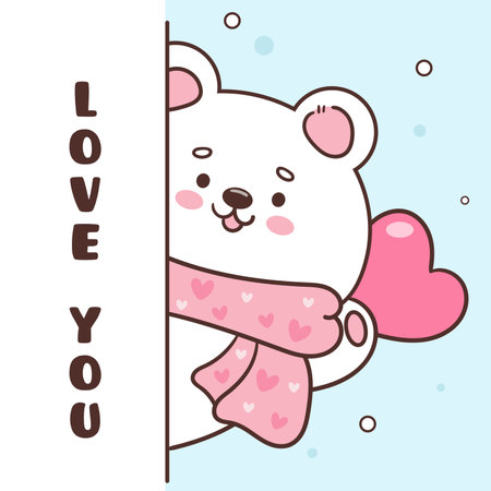 Polar bear cub card valentine animals holding heart greeting (Cute cartoon). Series: kawaii sticker whimsical characters. Perfect for romantic wedding vector Flat clipart banner.のイラスト素材