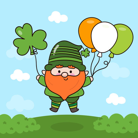 Happy St. Patrick Day party with Cute gnome cartoon elf holding balloon and clover kawaii vector (whimsical characters) illustration. Series: Dwarf fun Leprechaun Lucky cloverのイラスト素材