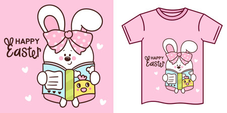 Cute easter bunny clipart animal reading book baby girl. Kawaii cartoon rabbit egg hunting (whimsical characters). Pet farm Spring activities holiday. Make a wish for baby t shirtのイラスト素材