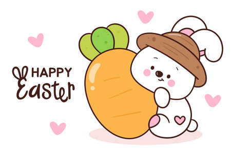 Cute easter bunny clipart with hat hug giant carrot. Kawaii animals boy rabbit egg hunting (whimsical characters). Pet farm Spring activities holiday harvest vegetable.のイラスト素材