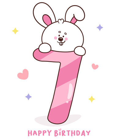 Birthday number 7 with Cute easter bunny clipart. Kawaii animals rabbit back egg hunting (whimsical characters). Pet farm Spring activities holiday. Make a wish for baby t shirt.のイラスト素材