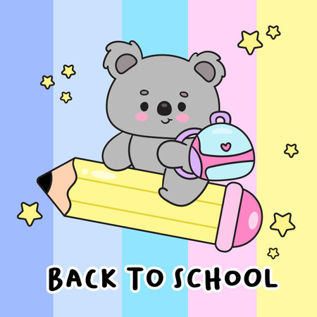 Koala Bear Cub Cartoon ride Stapler on Sky. Back to School Kids Kawaii Animals. Flat Illustration.のイラスト素材