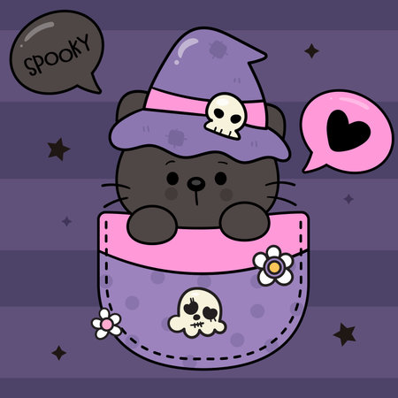 Halloween Cat Witch in Pocket (Kitten playing) Kawaii Animals. Series: Autumn activities Spooky season.のイラスト素材