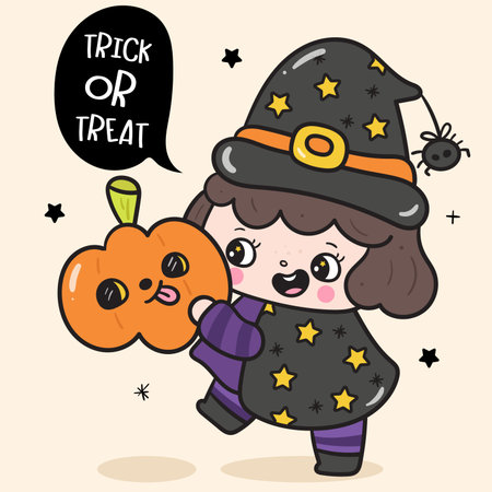 Halloween Witch Girl holding pumpkin jack o lanter Childhood Kawaii Sticker. Series: Trick or Treat kids Autumn activities Spooky season. Perfect Illustration for Kid shirt design.のイラスト素材