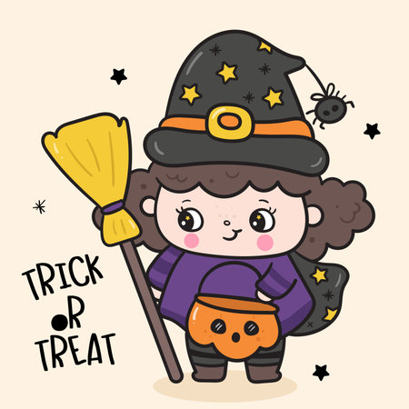 Halloween Witch Girl holding jack o alntern and broom Childhood Kawaii Sticker. Series: Trick or Treat kids Autumn activities Spooky season. Perfect Illustration design.のイラスト素材