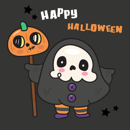 Halloween Ghost Skull holding Pumpkin stick Kawaii Sticker. Series: Trick or Treat Child Autumn activities Spooky season. Perfect Illustration for Kid shirt design.のイラスト素材