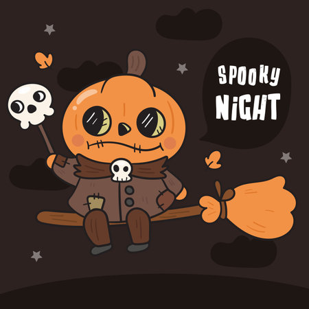 Halloween Pumpkin Jack o Lantern Ghost Scarecrow cartoon with skull Kawaii Sticker. Series: Trick or Treat Child Autumn activities Spooky season. Perfect Illustration for Kid shirtのイラスト素材