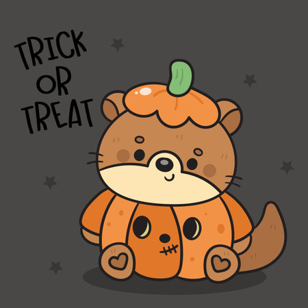 Cute otter Halloween animal wear Pumpkin costume kawaii cartoon. Series: Trick or Treat kids Autumn activities Spooky season. Perfect Illustration for Kid shirt design.のイラスト素材