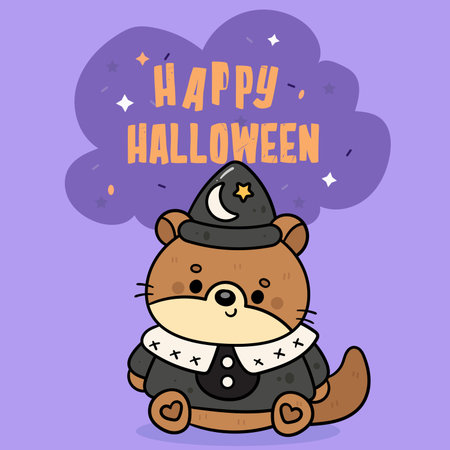 Cute otter baby Halloween animal wear Wizard witch costume kawaii cartoon. Series: Trick or Treat kids Autumn activities Spooky season. Perfect Illustration for Kid shirt design.のイラスト素材