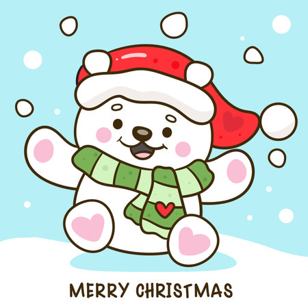 Merry Christmas greeting card. Cute polar bear in red hat and scarf. Vector illustrationのイラスト素材