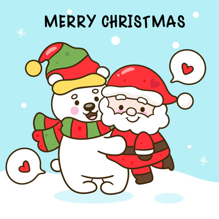 Christmas greeting card with cute polar bear and Santa Claus. Vector illustration.のイラスト素材