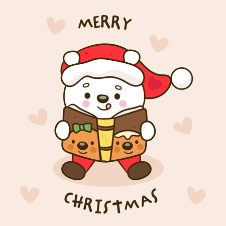 Cute Polar bear cubs kawaii Christmas wear santa dress read book bookish (whimsical characters).のイラスト素材