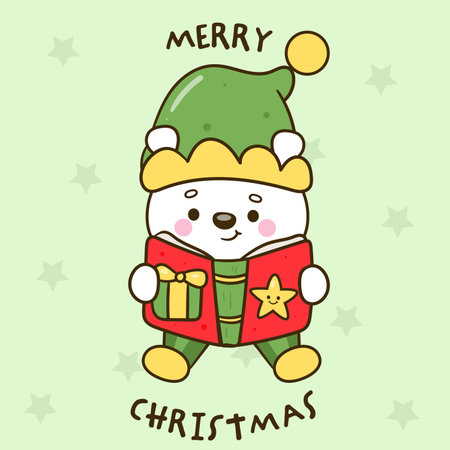 Christmas greeting card with cute cartoon polar bear in Santa Claus clothes.のイラスト素材