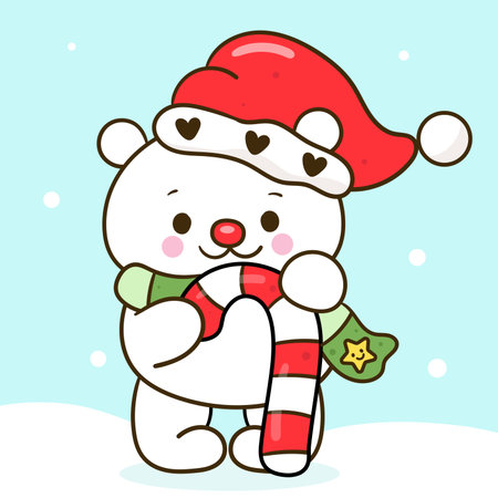 Cute cartoon polar bear in Santa Claus hat and scarf holding christmas cane Vector illustration kawaii animalのイラスト素材