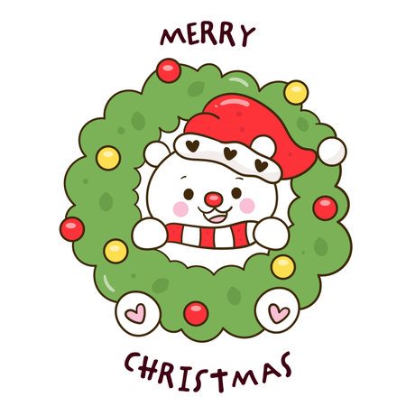 Merry Christmas and Happy New Year. Cute cartoon polar bear with christmas wreath. Vector illustration kawaii animalのイラスト素材