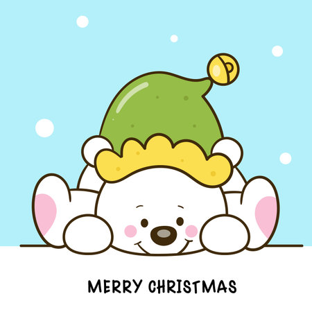 Christmas greeting card with cute polar bear in elf hat. Vector illustration.のイラスト素材