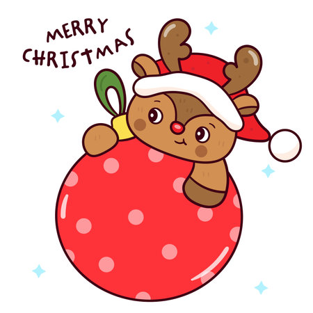 Santa reindeer on Christmas ball kawaii animals (whimsical characters). Happy new year greeting cardのイラスト素材