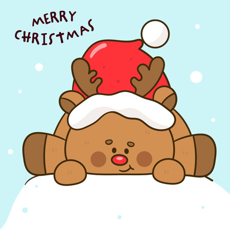 Cute Reindeer vector kawaii Christmas wear santa hat(whimsical characters). Happy new year greeting card. Holiday cartoon xmas kids winter season. Flat illustrationのイラスト素材