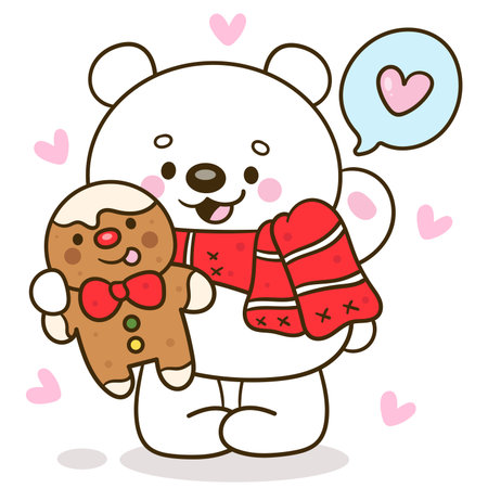 Cute polar bear holding ice cream and cookie. Vector illustration. kawaii cartoonのイラスト素材
