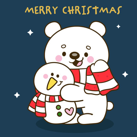 cute polar bear and penguin Merry Christmas and Happy New Year greeting card kawaii animalのイラスト素材
