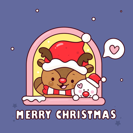Cute Reindeer and snowman in window kawaii Christmas friend (whimsical characters).Happy new year greeting card. Holiday cartoon xmas kids winter season. Flat illustrationのイラスト素材