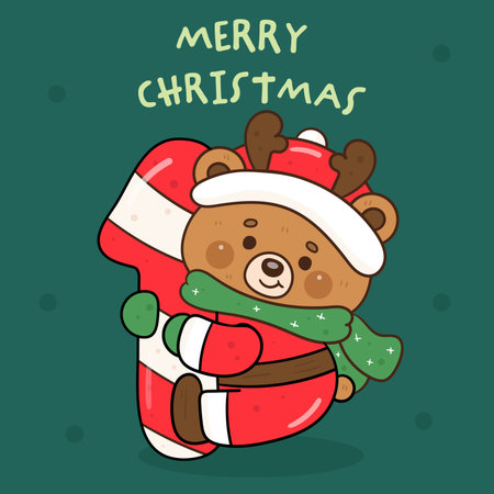 Christmas greeting card with cute cartoon teddy bear in Santa Claus costume. Vector illustration.のイラスト素材