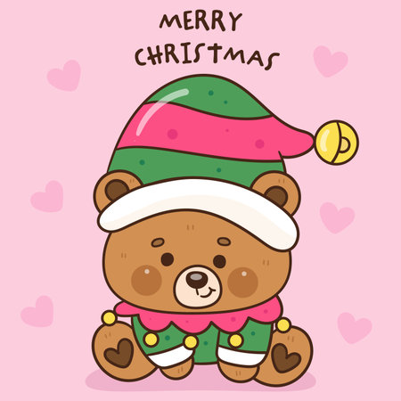 CuteTeddy Bear vector wear elf dress kawaii Christmas (whimsical characters). Happy new year greeting card. Holiday cartoon xmas kids winter season. Flat illustrationのイラスト素材