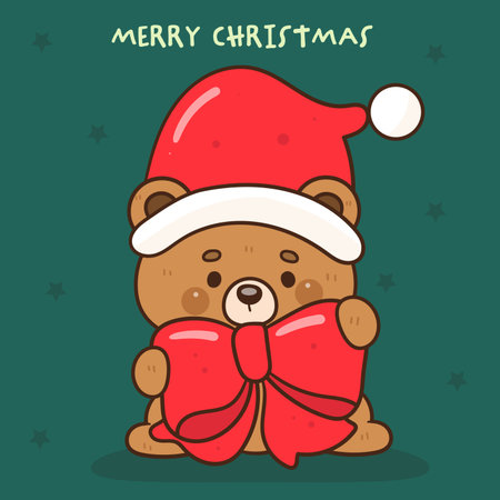 CuteTeddy Bear vector kawaii Christmas xmas bow (whimsical characters). Happy new year greeting card. Holiday cartoon winter season. Flat illustration clipart baby shirt design.のイラスト素材