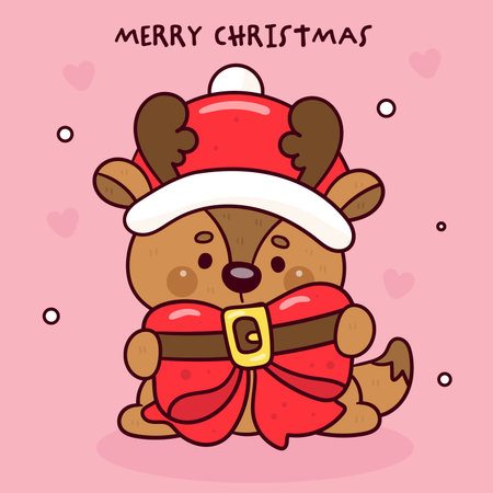Cute Reindeer vector kawaii Christmas xmas bow ribbon (whimsical characters). Happy new year greeting card. Holiday cartoon winter season. Flat illustration clipart baby shirtのイラスト素材