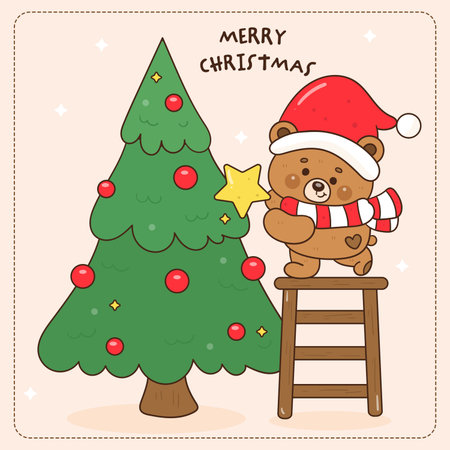 CuteTeddy Bear vector kawaii Christmas holding star with x mas tree (whimsical characters). Happy new year greeting card. Holiday cartoon winter season. Flat illustrationのイラスト素材