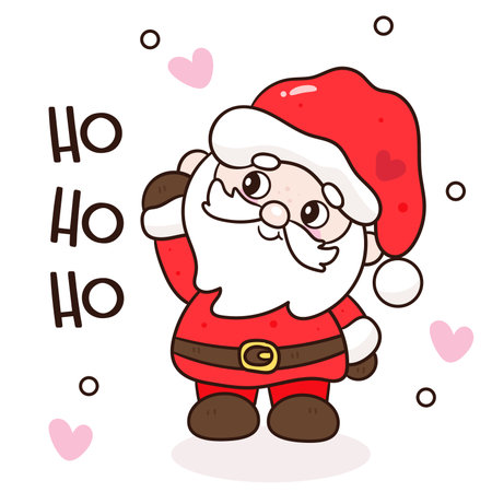Cute Santa Claus kawaii Christmas xmas ho ho ho (whimsical characters). Happy new year greeting card. Holiday cartoon winter season. Flat illustration clipart vector and baby shirtのイラスト素材
