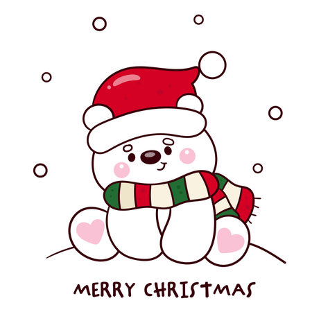 Cute Polar bear cubs and snow kawaii Christmas (whimsical characters). Happy new year greeting card. Holiday cartoon xmas kids winter season. Flat illustration for clipart vector.のイラスト素材