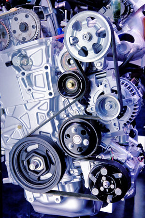 Close-up of a serpentine belt on a High-end Turbo-charged sportscar