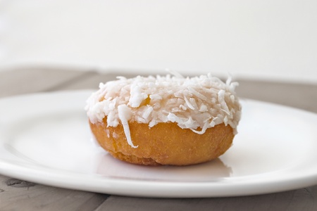 Single coconut-covered donut on white plateの写真素材